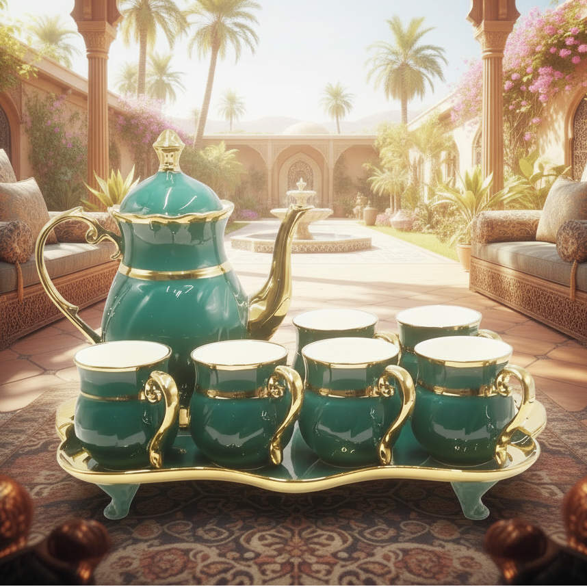 Arabian Royal Majlis Tea & Coffee set with green teapot and cups on a white background