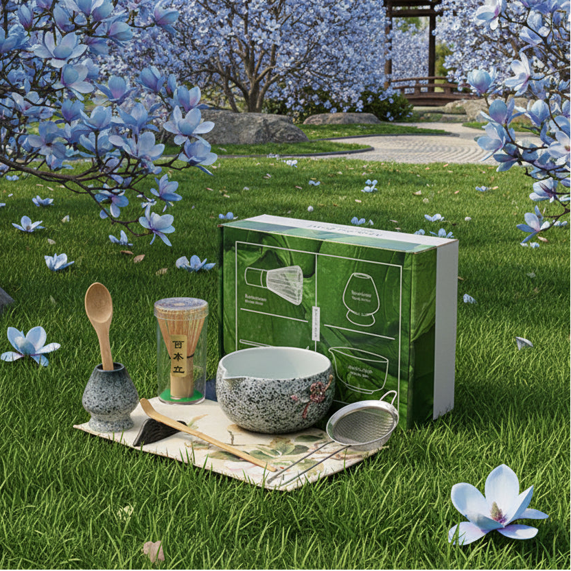 Blue magnolia matcha Tea-making set with a box on a dark surface