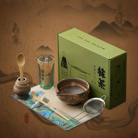 Iron Sand Bronze 8pc Matcha set. dark and light brown swirls.