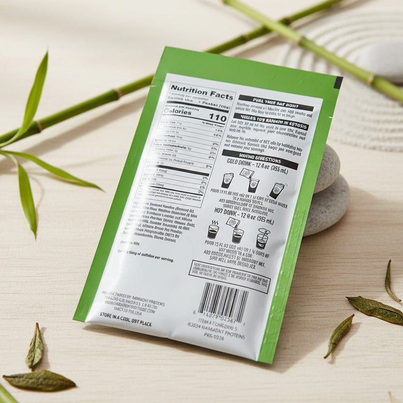 Nutrition facts label on a green package with bamboo leaves and stones in the background