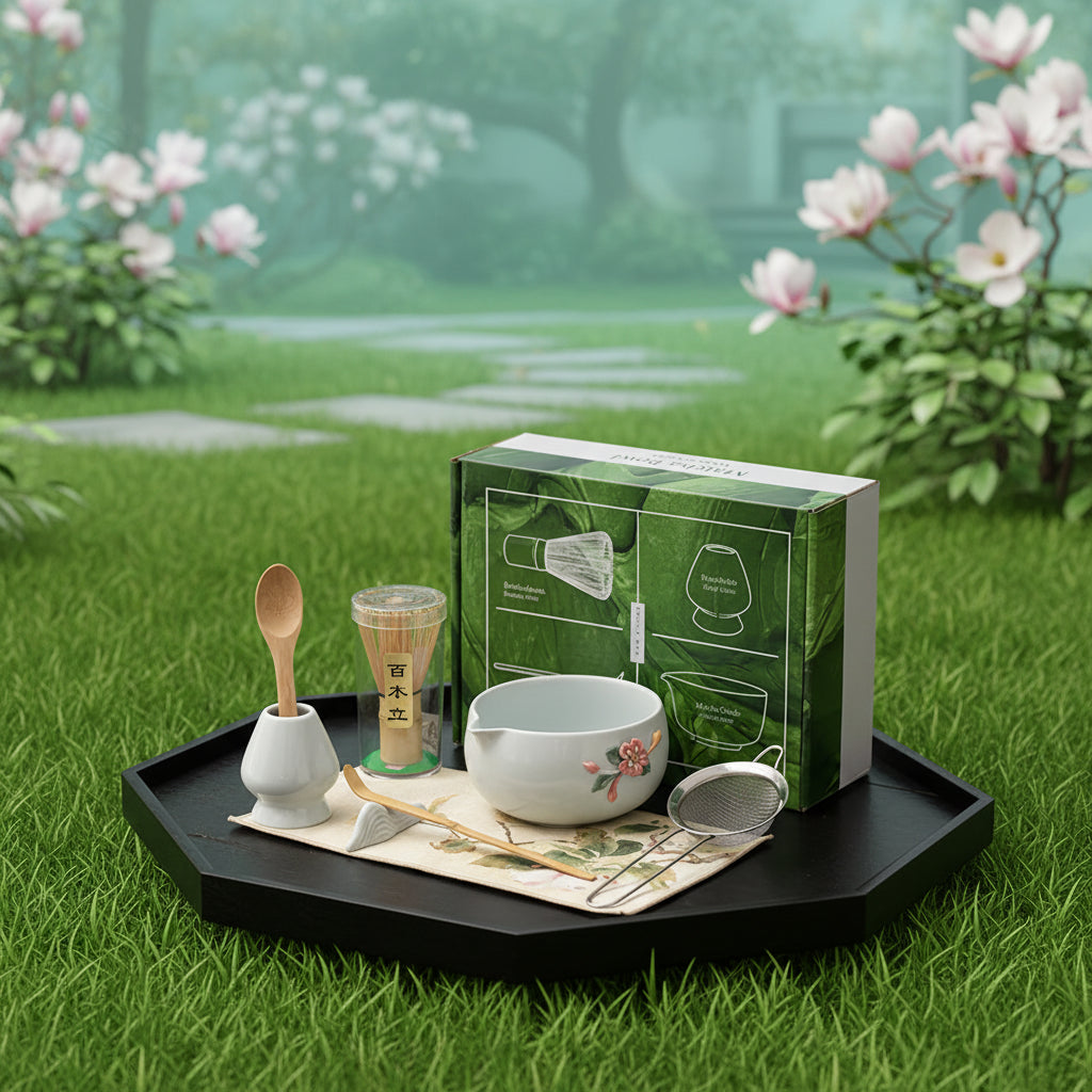 Magnolia Celadon color matcha Tea-making set with a bowl, spoon, and other tools on a dark surface, featuring a green box.