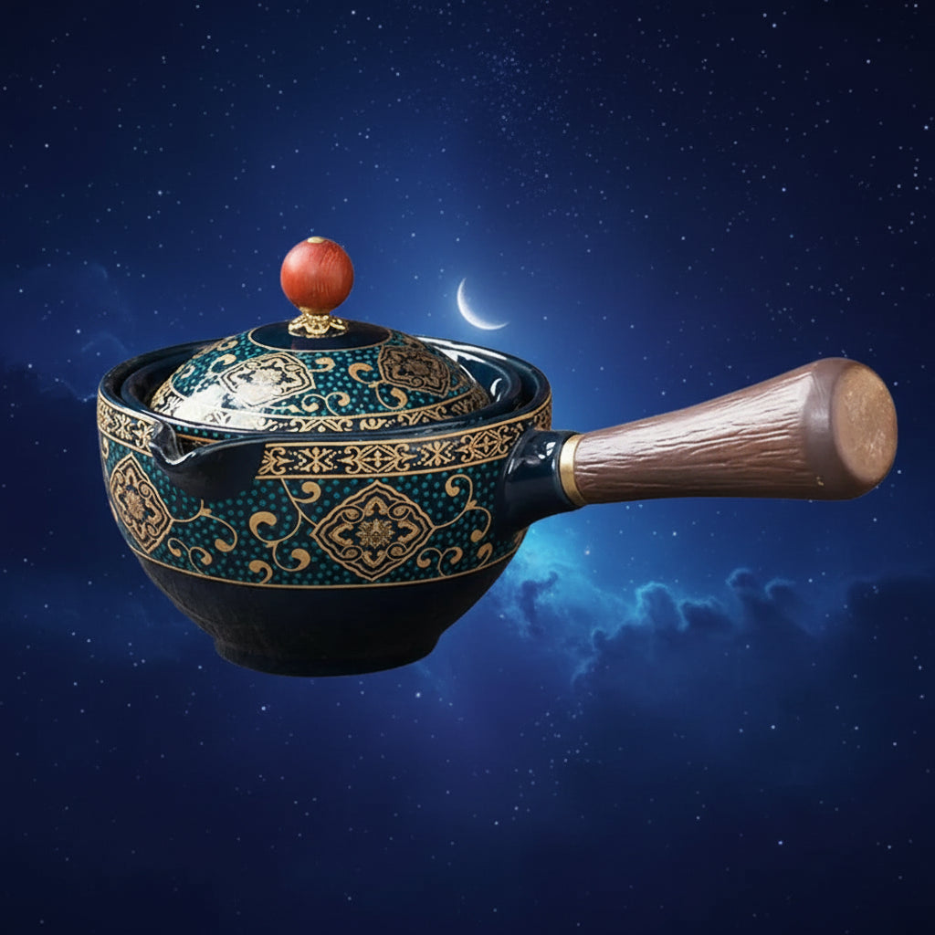 Decorative  deep blue and sky blue w/ gold pattern ceramic pot with a wooden handle on a white background