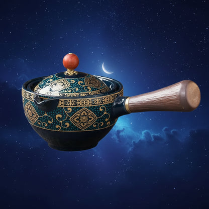 Decorative  deep blue and sky blue w/ gold pattern ceramic pot with a wooden handle on a white background