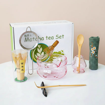 pink glass Matcha tea set with Wontive branding on a white surface
