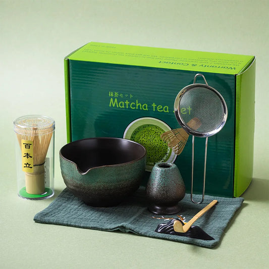 grenn Matcha tea set with a green box labeled 'Matcha tea set' on a light green background.
