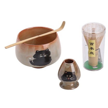 Kuro Neko Matcha Ceremony Set – Handmade Japanese Cat Matcha Bowl & Bamboo Whisk Gift Kit