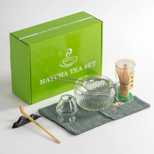 Glass Matcha Sets Hammered Transparent Round Chawan Chasen Holder Bamboo Tea Brush Traditional Tea Ceremony Culture Lover's Gift