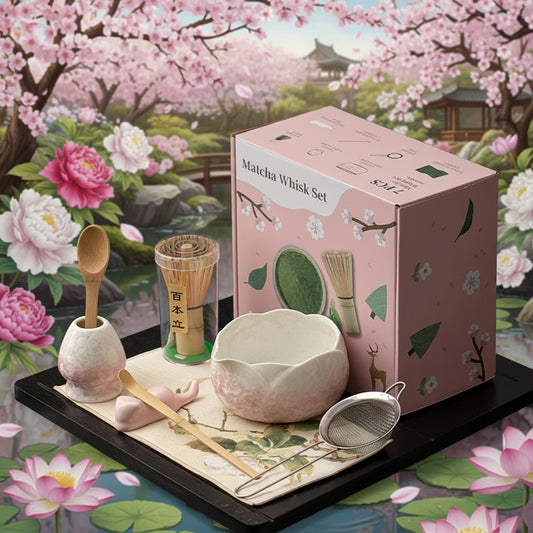 8 piece White top and light pink bottom matcha tea set