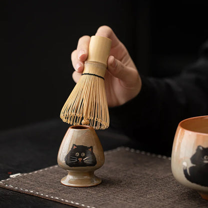 Kuro Neko Matcha Ceremony Set – Handmade Japanese Cat Matcha Bowl & Bamboo Whisk Gift Kit