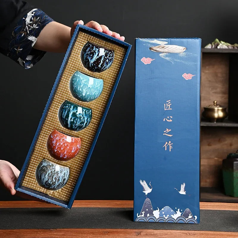 Five Elements Kiln-Change Ceramic Tea Cup Set – Masterpiece Gift Box Edition