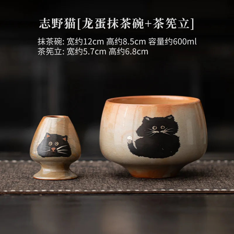Kuro Neko Matcha Ceremony Set – Handmade Japanese Cat Matcha Bowl & Bamboo Whisk Gift Kit