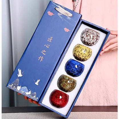Five Elements Kiln-Change Ceramic Tea Cup Set – Masterpiece Gift Box Edition