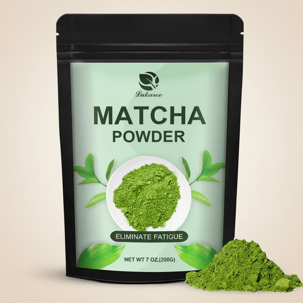 Matcha powder package with green powder on a white background