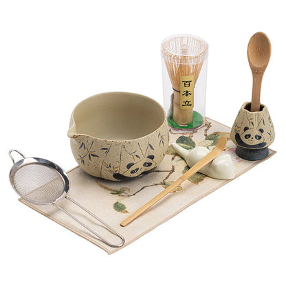 8-Piece Panda and Peony Red Firestone Flint Matcha Set