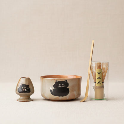 Kuro Neko Matcha Ceremony Set – Handmade Japanese Cat Matcha Bowl & Bamboo Whisk Gift Kit
