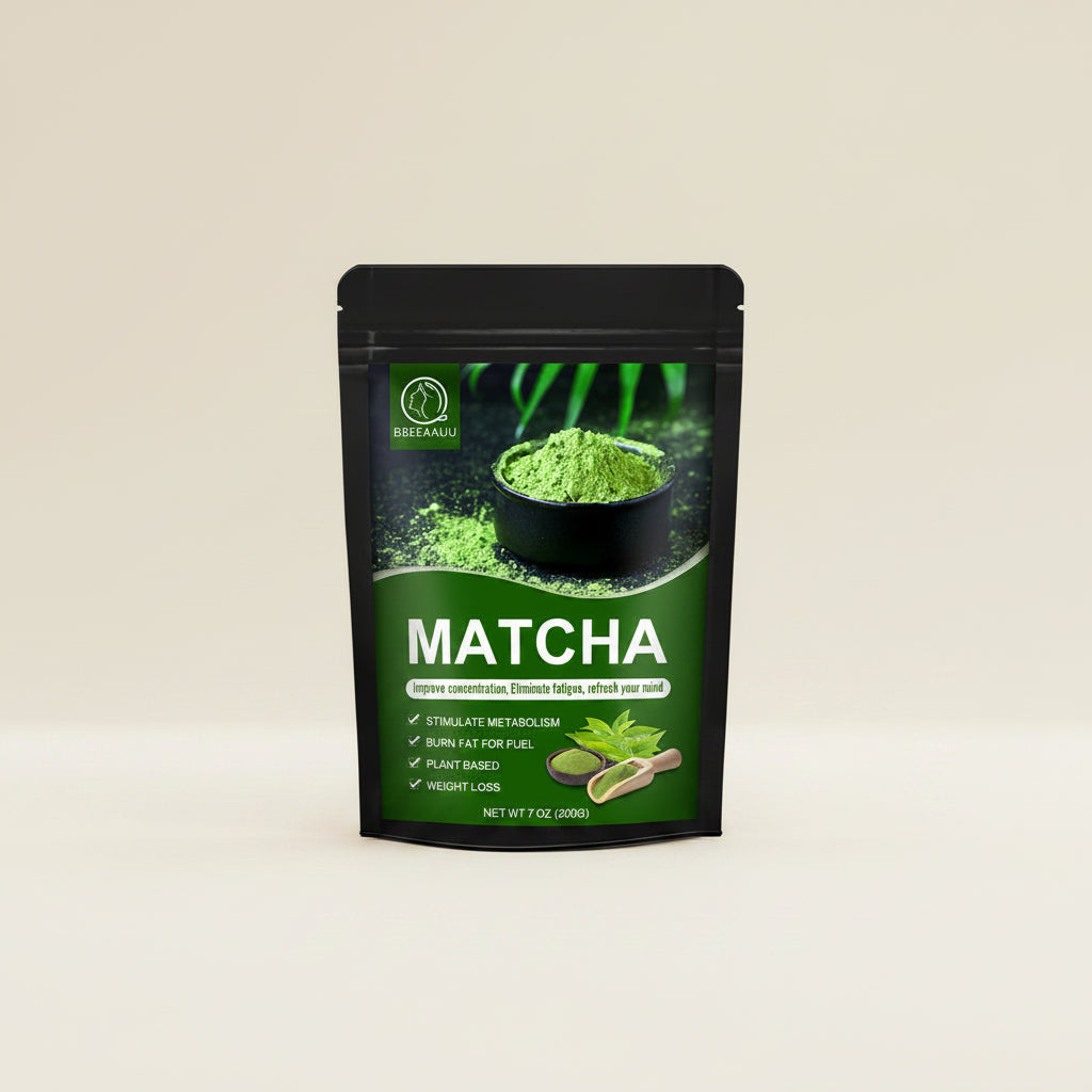 Matcha powder packaging with green powder on a white background