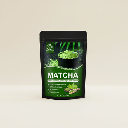 Matcha powder packaging with green powder on a white background