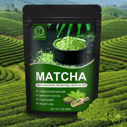 Matcha powder packaging with green powder on a white background