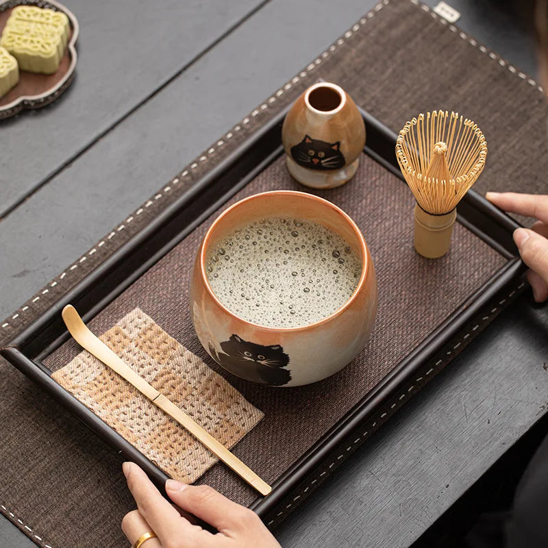 Kuro Neko Matcha Ceremony Set – Handmade Japanese Cat Matcha Bowl & Bamboo Whisk Gift Kit