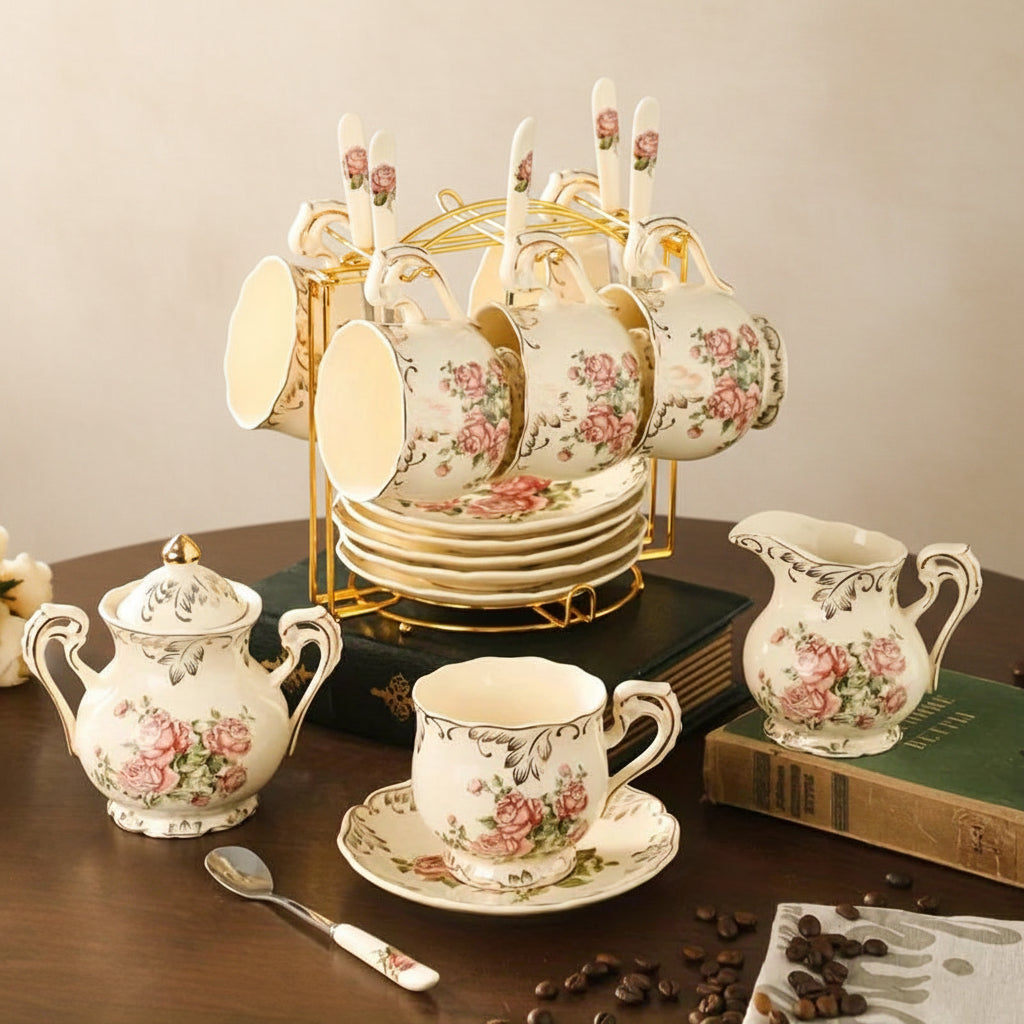 Vintage-style floral teacup set on a wooden table with books and a plant in the background.