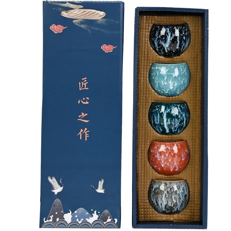 Five Elements Kiln-Change Ceramic Tea Cup Set – Masterpiece Gift Box Edition