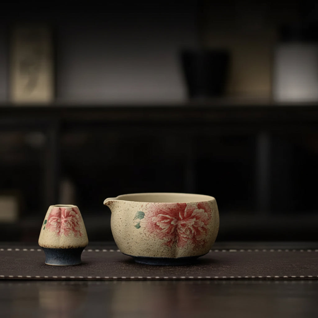 8-Piece Panda and Peony Red Firestone Flint Matcha Set