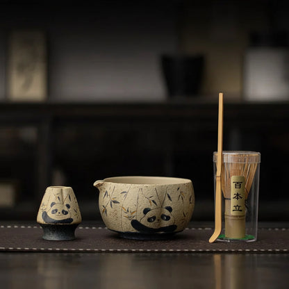 8-Piece Panda and Peony Red Firestone Flint Matcha Set