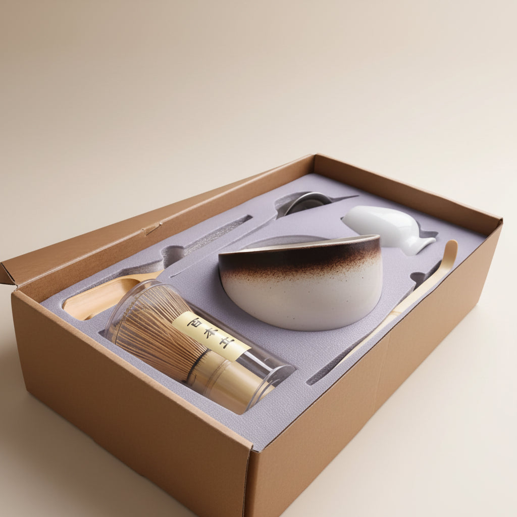 brow tipped white  matcha Tea set with a bowl, whisk, and container in a branded box.