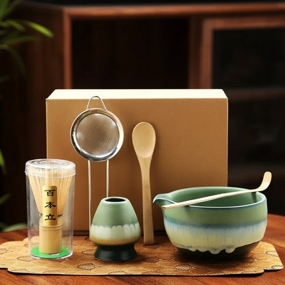 Tea-making set with  branding on a wooden surface
