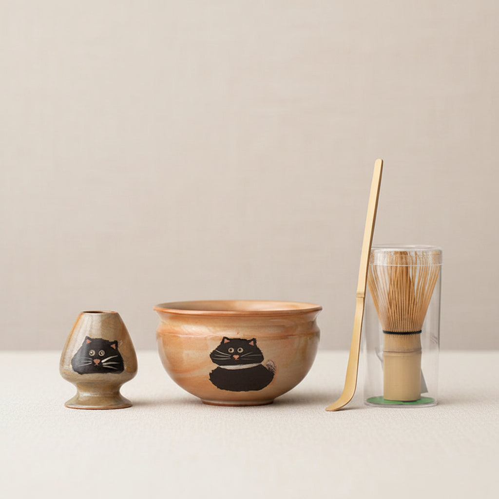 Tea set with a bowl, spoon, and other items on a dark surface.