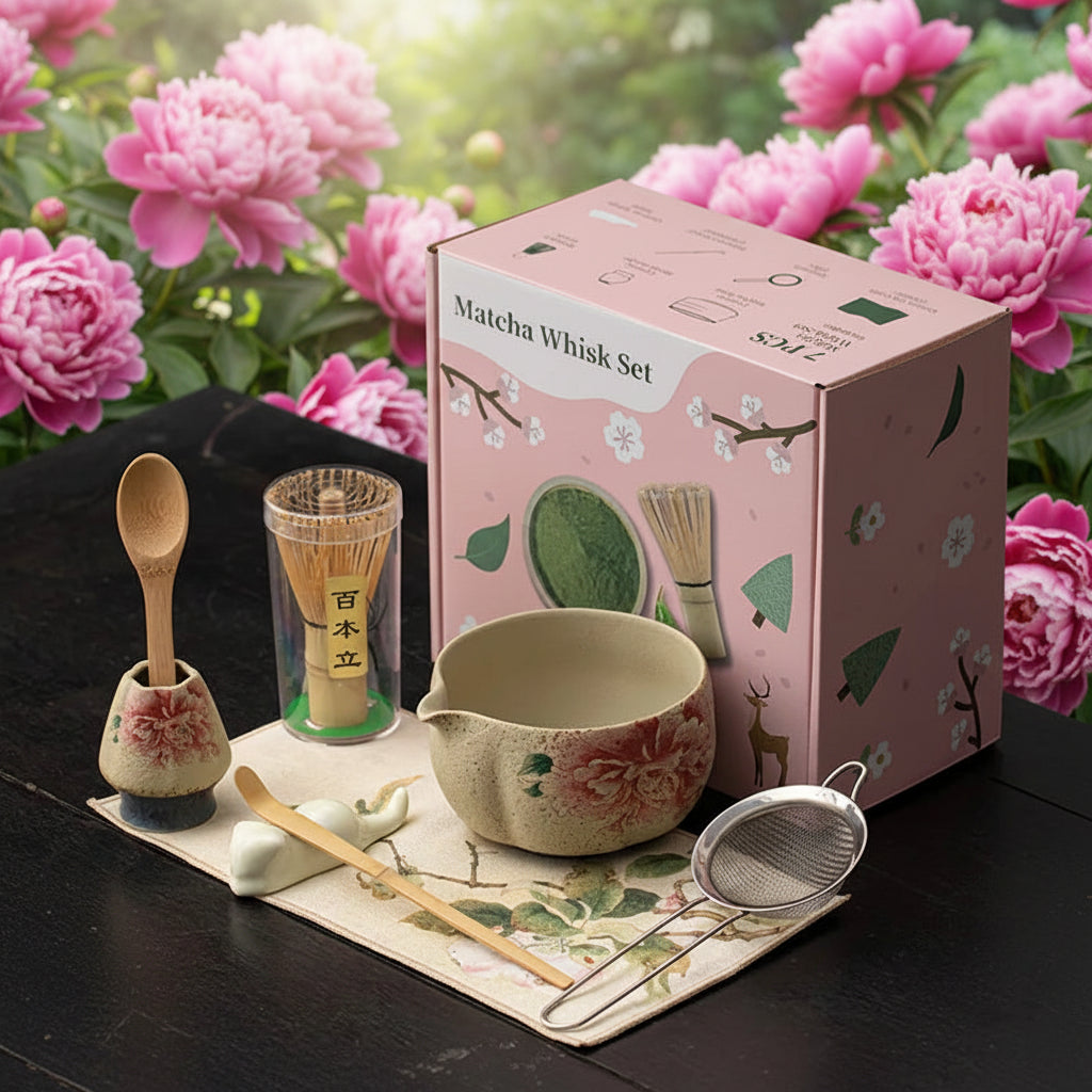 8-Piece Panda and Peony Red Firestone Flint Matcha Set