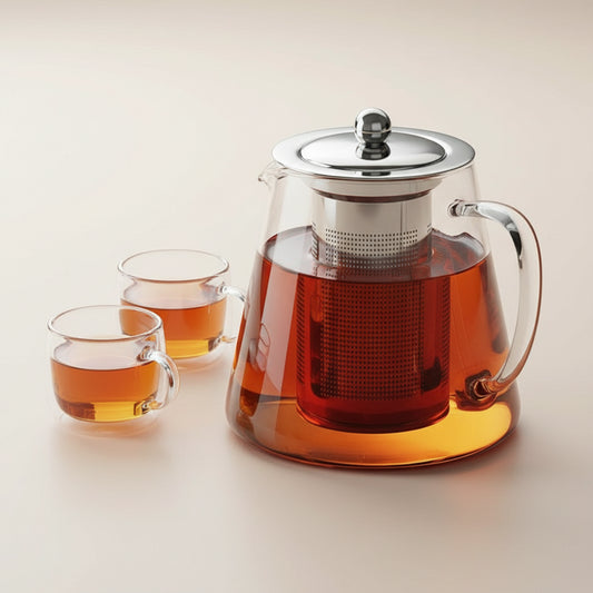Glass teapot with a metal lid and handle, filled with tea, on a dark surface.