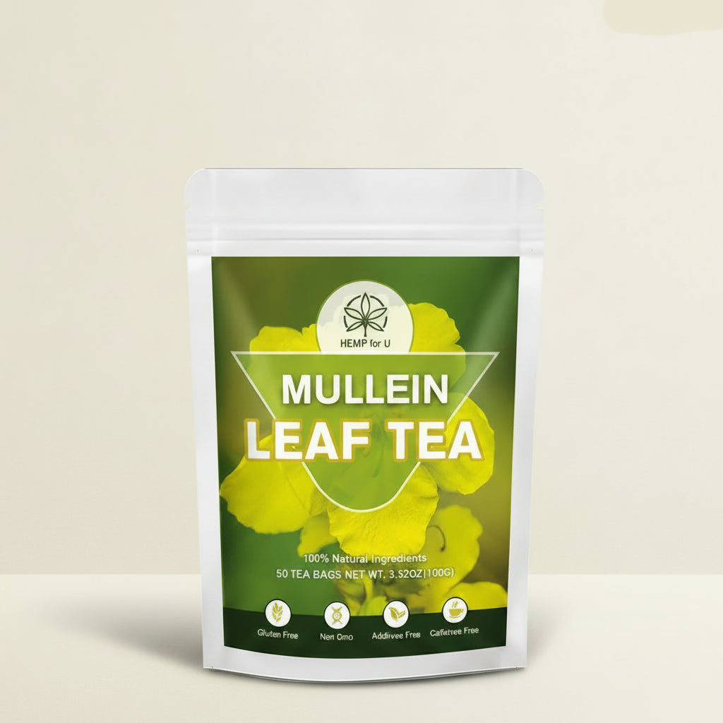 Package of hemp for u brand of Mullein Leaf Tea with green and white design