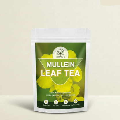 Package of hemp for u brand of Mullein Leaf Tea with green and white design