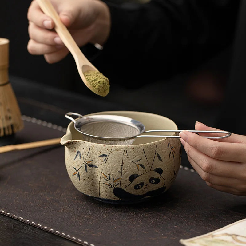8-Piece Panda and Peony Red Firestone Flint Matcha Set