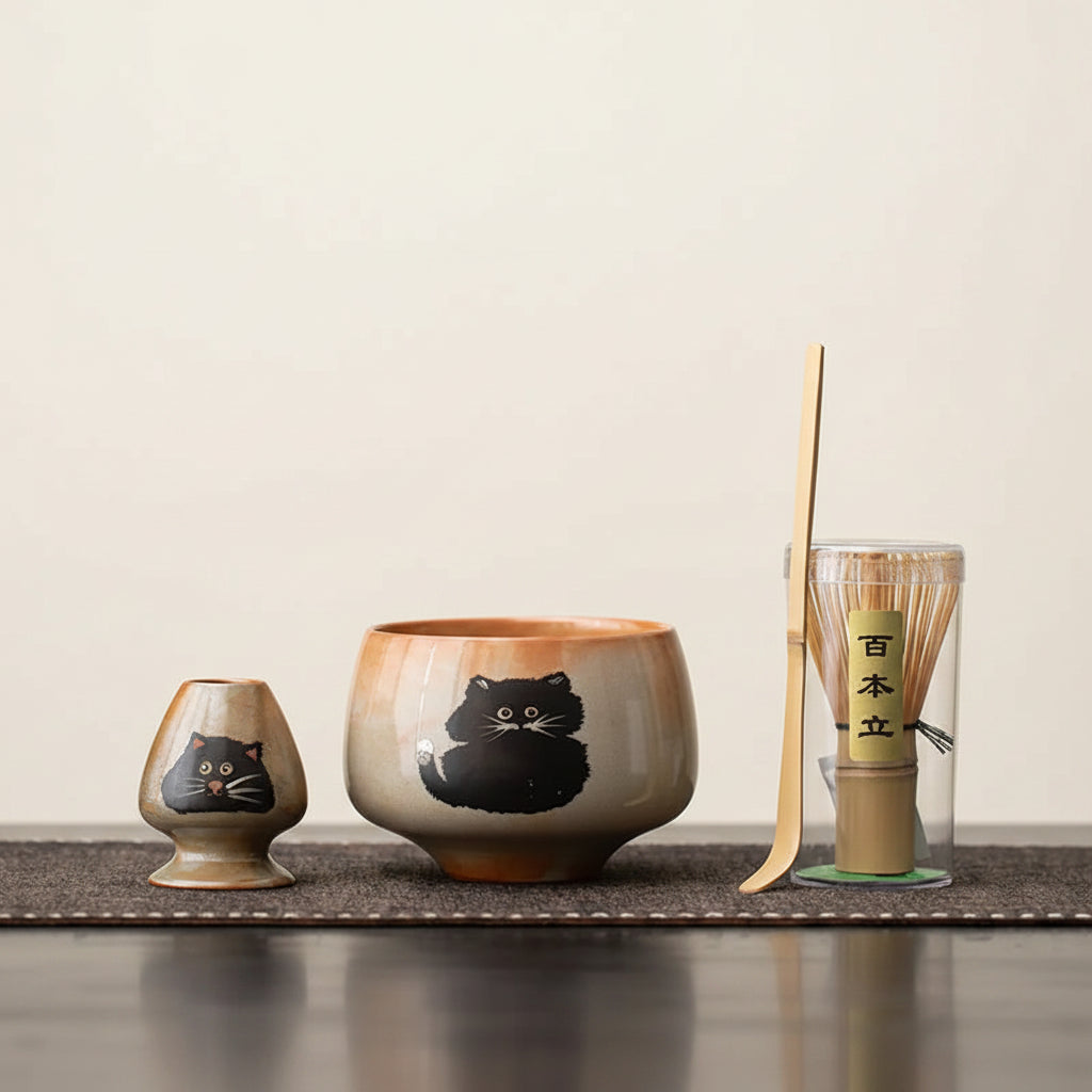 Kuro Neko Matcha Ceremony Set – Handmade Japanese Cat Matcha Bowl & Bamboo Whisk Gift Kit