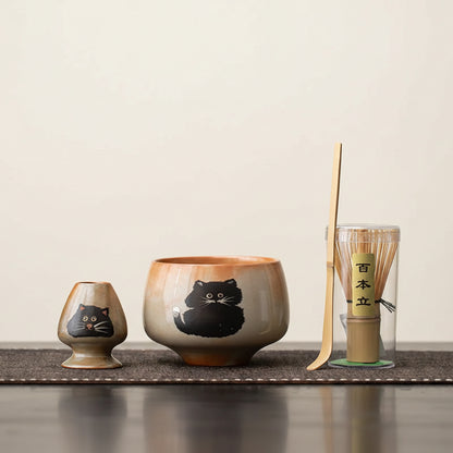 Kuro Neko Matcha Ceremony Set – Handmade Japanese Cat Matcha Bowl & Bamboo Whisk Gift Kit