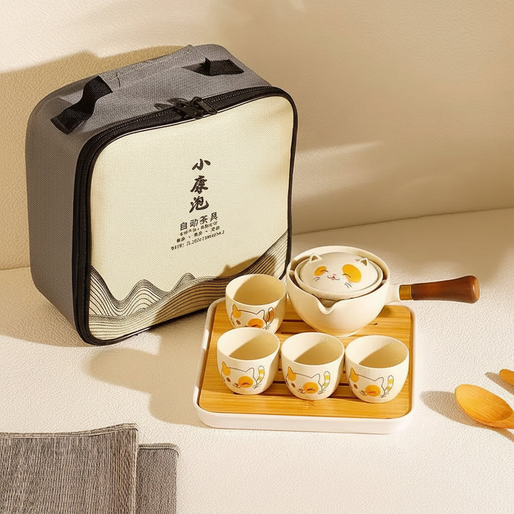 cat Tea set with four cups and a teapot on a wooden tray, accompanied by a carrying case.
