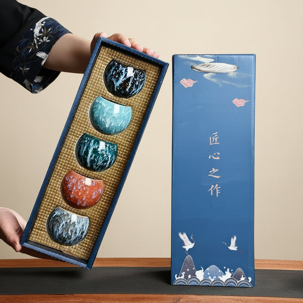 Set of four ceramic cups in a decorative box with a blue lid featuring Chinese characters.