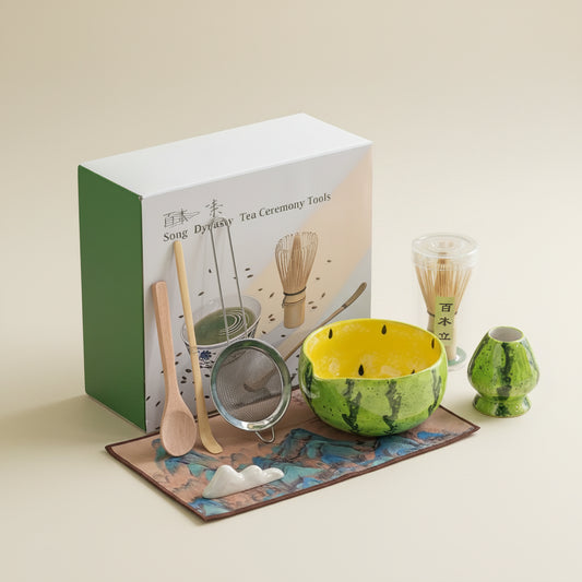 Tea ceremony tools set with a box labeled 'Song Dynasty Tea Ceremony Tools' on a white surface.